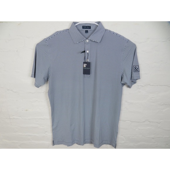Peter Millar Polo Shirt Mens Large White Blue Stripe Crown Crafted Golf Stretch